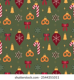 Christmas pattern. Modern xmas design with toys on a Christmas tree. Traditional wrapping for Christmas.Seamless Christmas Pattern with Toys, Candy Canes, Ornaments,Snowflakes on Green Background