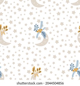 Christmas pattern with moon scandinavian hand drawn seamless pattern. New Year, Christmas, holidays texture for print, paper, design, fabric, background. Vector illustration