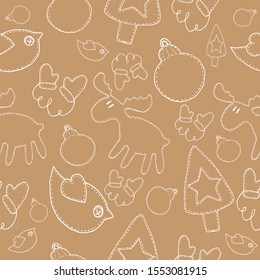 Christmas pattern, moose, toys, gloves, white line doodle Christmas tree vector illustration for design and decoration
