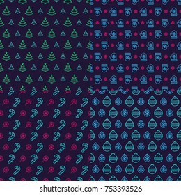 Christmas pattern neon style with tree, mitten, candy, ball for greeting cards, christmas sale, product promotion, web and marketing material, decoration. Vector Illustration