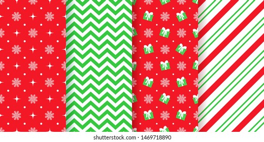 Christmas pattern. New year festive seamless texture. Vector. Holiday background. Set geometric textile prints with stars, snowflakes, zig zag, gift boxes, candy cane stripes. Red green illustration