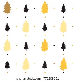 christmas pattern. new year hand drawn firs and polka dots, wrapping paper design, winter holiday decoration, black and gold christmas trees modern background