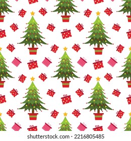 Christmas pattern with New Year tree and gifts on white background. Vector seamless texture in flat design for holidays wrapping paper, cards, invitations, banners.
