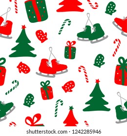 Christmas pattern. New year.  Christmas. White background, mittens, skates, Christmas tree, caramel, gifts. Red and green. Well suited for packaging, banner, postcards. Simple seamless pattern.