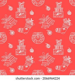 Weihnachtsmuster Neujahr-Reihe von Doodles im handgezeichneten Stil für Geschenkpapier-Stoffkarte. Geschenke, Neujahrskranz, Socken, Tangerinen, Weihnachtsspielzeug, Lollipop, einzeln auf weißem Hintergrund