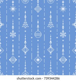 Christmas pattern with new years toy - tree, ball, snowflake art deco line style on blue background for poster, sale, greeting cards, product promotion, web design, decoration. Vector Illustration