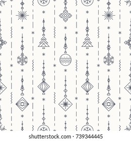 Christmas pattern with new years toy consisting of christmas tree, ball, snowflake art deco line style for poster, sale, greeting cards, product promotion, web design, decoration. Vector Illustration