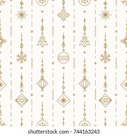 Christmas pattern with new years toy gold color consisting of xmas tree, ball, snowflake art deco line style for poster, sale, greeting cards, product promotion, web, decoration. Vector Illustration