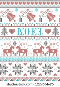 Christmas Pattern Noel Scandinavian style, inspired by Norwegian festive winter culture,  seamless,  in cross stitch with reindeer, Christmas tree, heart, gifts,  bell, stars, snow in gray, blue, red