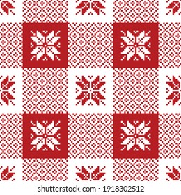 Christmas pattern nordic buffalo check plaid in red and white. Seamless Scandinavian pixel art bright tartan plaid for tablecloth, shirt, skirt, other modern winter fashion textile or paper design.