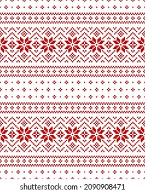 Christmas pattern with nordic ornament in red and white. Seamless pixel fair isle border with snowflakes for gift paper, sweater, socks, mittens, hat, other modern winter holiday fashion fabric print.