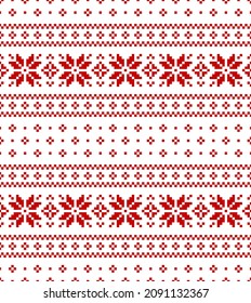 Christmas pattern with nordic pixel motif in red and white. Seamless fair isle border with snowflakes for gift paper, ugly sweater, socks, mittens, hat, other modern winter fashion textile design.