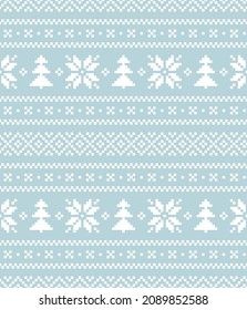 Christmas pattern with nordic print in blue and white. Seamless pixel fair isle illustration with snowflakes and Christmas trees for gift paper, jumper, socks, mittens, other winter holiday textile.