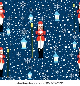 Christmas pattern with nutcrackers, lanterns on a snow-blue background.For decorating fabrics,for printing brochures,posters,parties, vintage textile design, postcards, packaging.