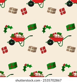 Christmas Pattern on a beige background with gifts, mistletoe and cart (wheelbarrow)