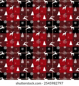 Christmas pattern on black and red checkered background.Vector seamless pattern with white Christmas elements on black and red checkered background.