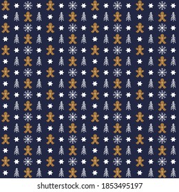 Christmas pattern on a blue background. With a cute Gingerbread man, whites snowflakes, christmas trees ans stars. Ideal for holidays wrapping paper.