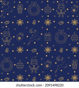 Patrón de Navidad en un fondo azul. Patrón de Navidad sin inconvenientes en un fondo azul. Hermoso patrón para un papel de regalo de lujo, camisetas, tarjetas de felicitación. 
