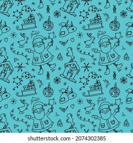 Christmas pattern on blue. Doodle Santa, house, sled, garland, gifts. Seamless vector illustration.