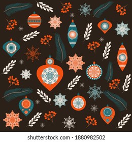 Christmas pattern on a dark background. New Year's toys, red berries, fir branches and snowflakes. Retro style. Green, red and beige toys.