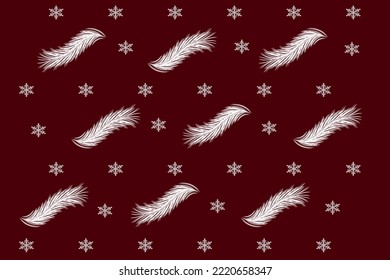 Weihnachtsmuster auf dunkelrotem Hintergrund mit Tannenzweigen und Schneeflocken. Vektorbild. Paketdesign