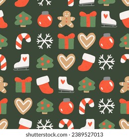 Christmas pattern on green background. Cute vector seamless texture with winter objects - Christmas tree ball, snowflake, gingerbread man, candy cane, gift, sock. Holiday pattern for wrapping paper.