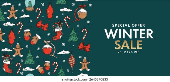 Padrão de Natal no verde. Ilustração desenhada à mão.	