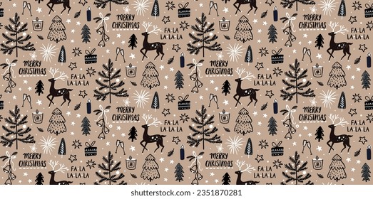 Christmas pattern on kraft paper, detailed black and white holiday illustrations of deer, pine tree, jingle bells and merry christmas and falala hand lettering inscriptions. Vector repeat seamless 