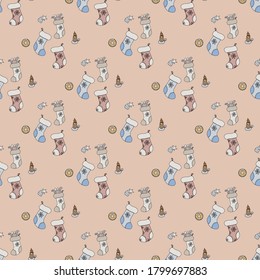 Patrón de Navidad en un fondo rosa claro - diferentes calcetines con regalos, una vela y una estrella de Navidad. Para el diseño y la decoración festivos. Vector 