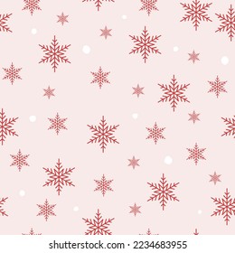 Christmas pattern on a pink background with beautiful snowflakes. Festive background for packaging, winter print, red snowflakes, copy space, postcard