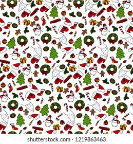 Christmas pattern on a white background, isolated, snowman, Christmas tree, wreath, toys, gloves, hat, gifts, stock vector illustration for design and decoration, wrapping paper