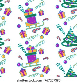 Christmas pattern on white background with Christmas tree and gifts on a sled. Christmas background. Vector illustration