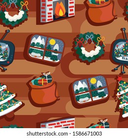 Christmas pattern on a wooden wall. Fireplace with fire, a window with a view of the sky and Christmas trees, a bag with gifts, a spruce wreath with cones and a Christmas tree with garlands.