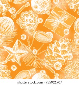 Christmas pattern. Orange seamless holiday tile. Hand drawn endless New Year gift wrap background. Vector.