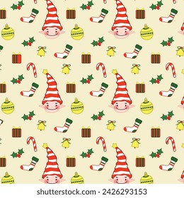 Christmas Pattern with Christmas Ornaments Dwarf, Gift, Cherry, Socks, Baubles, Stripes Candy Cane, Bell