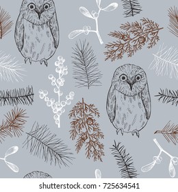  Christmas pattern with owl and Christmas plants. Vector hand-drawn illustration.