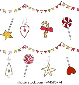 Christmas pattern for packing. Seamless pattern with Christmas and new year atributes: candle, gifts, garland, flags, Christmas toys.
