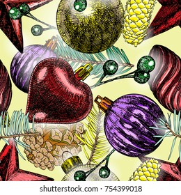 Christmas pattern. Paper art for holiday seamless tile or gift box wrap. Beautiful decorative endless pattern with fir tree twigs and cones. Vector.