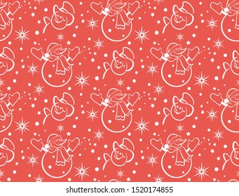 Christmas pattern in paper art style. Happy holiday celebration. Red seamless pattern with snowman and stars for your design. Fabric, wallpaper, wrapping paper design. Vector graphic