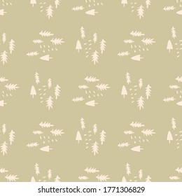 Christmas pattern in pastel colors. Light pink pines on beige background. Vector illustration for fabric print, textile, wallpaper, wrapping paper.