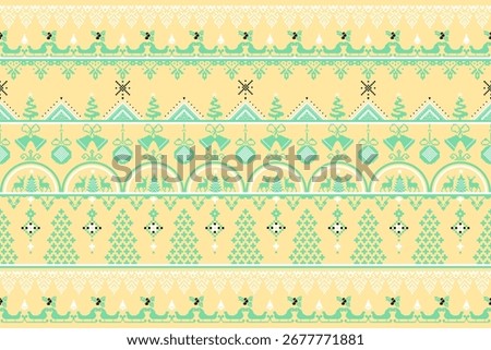 Christmas pattern in a pastel yellow and mint green color scheme. The design includes horizontal bands with various holiday motifs such as reindeer pulling sleighs, Christmas trees, snowflakes.