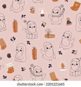 Christmas pattern with penguins and hand drawn gifts. New Year. seamless pattern for paper, wrapping, clothing, textile, wallpaper. Vector illustration