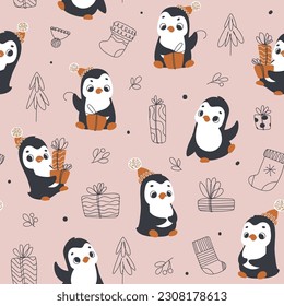 Christmas pattern with penguins and hand drawn gifts. New Year. seamless pattern for paper, wrapping, clothing, textile, wallpaper. Vector illustration