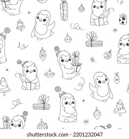Christmas pattern with penguins. New Year. Line art. seamless pattern for paper, wrapping, clothing, textile, wallpaper. Vector illustration