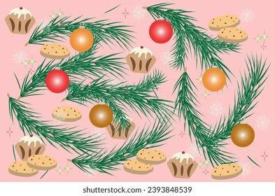 Christmas pattern with pine branches, Christmas tree balls and baked goods. Vector illustration for design of holiday cards, posters, fabric, wallpaper