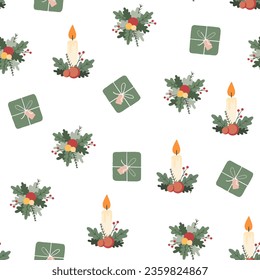 Christmas pattern with pine cones, mittens, gifts, candles, New Year's balls. New Year vector pattern.