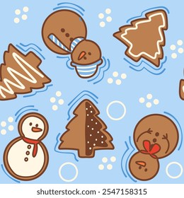 Christmas pattern of pine tree cookies and snowman cookies on a soft light blue background. Vector eps
