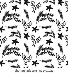 Christmas pattern with pinecones, poinsettia and Christmas tree branches. Vector illustration. Template for Greeting Scrapbooking, Congratulations, Invitations.
