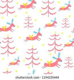 Christmas pattern with pink deers and fir trees, vector illustration