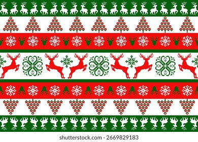 pixel de padrão de Natal, padrão sem costura de Natal com veado, floco de neve e árvore. Projeto de ilustração sem emenda de vetor plano